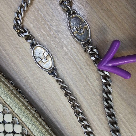 Vintage Metal Mesh Clutch Purse Silver Gold Chain Strap Cream Cocktail Bag Glam